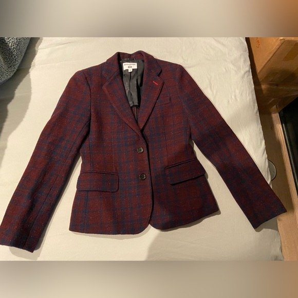 Iness de la Fressange burgundy and navy plaid wool blazer size XXS - Picture 2 of 8